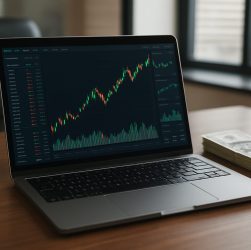 a laptop displaying a financial trading platform's graph with cash next to it on a desk