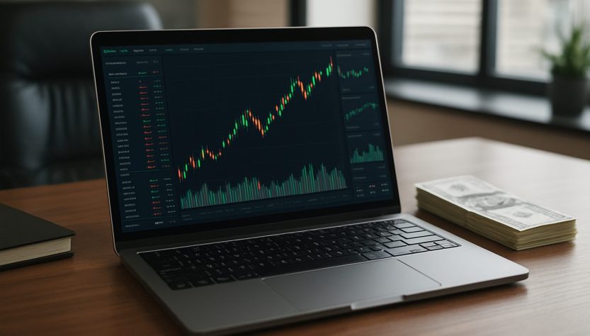 a laptop displaying a financial trading platform's graph with cash next to it on a desk