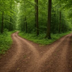 Two diverging paths in a lush green forest, symbolizing decision-making and conflicting emotions.