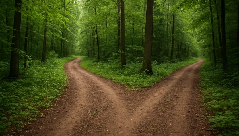 Two diverging paths in a lush green forest, symbolizing decision-making and conflicting emotions.